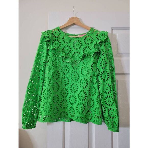 Lilly Pulitzer Caroline Long Sleeve Eyelet Blouse Green M $158 - Picture 1 of 7